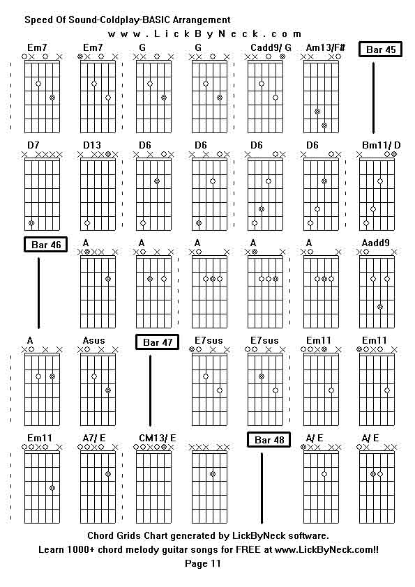 Chord Grids Chart of chord melody fingerstyle guitar song-Speed Of Sound-Coldplay-BASIC Arrangement,generated by LickByNeck software.